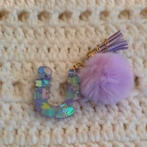 Purple Initial Keychain with Pom Pom